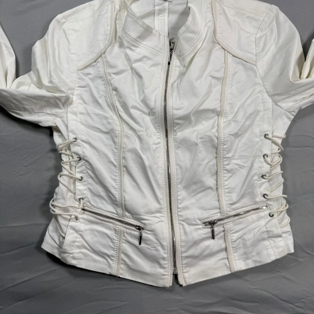 White House Black Market White Lace Up Side Moto Jacket Sz 8 Zip Front Biker